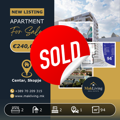 2 Bedroom Apartment with 2 Balconies and Parking in Centar Skopje