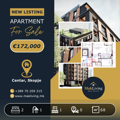 2 Bedroom Apartment 68 m² for sale in Centar Skopje