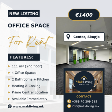 Spacious 111 m² Office Space for Rent in Skopje Centar