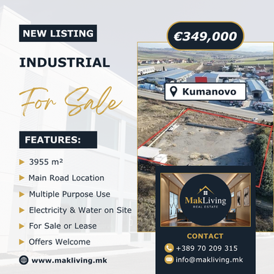Industrial Land for Sale or Long Term Lease in Kumanovo