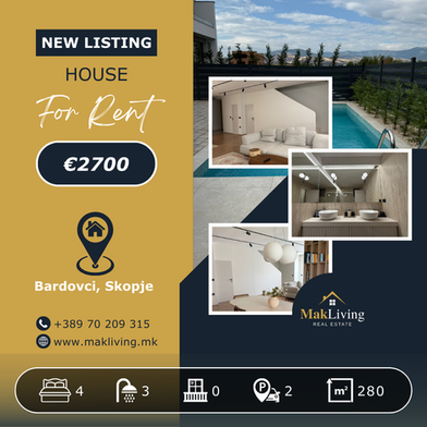 Luxury Furnished 4 Bedroom House for Rent in Bardovci, Skopje