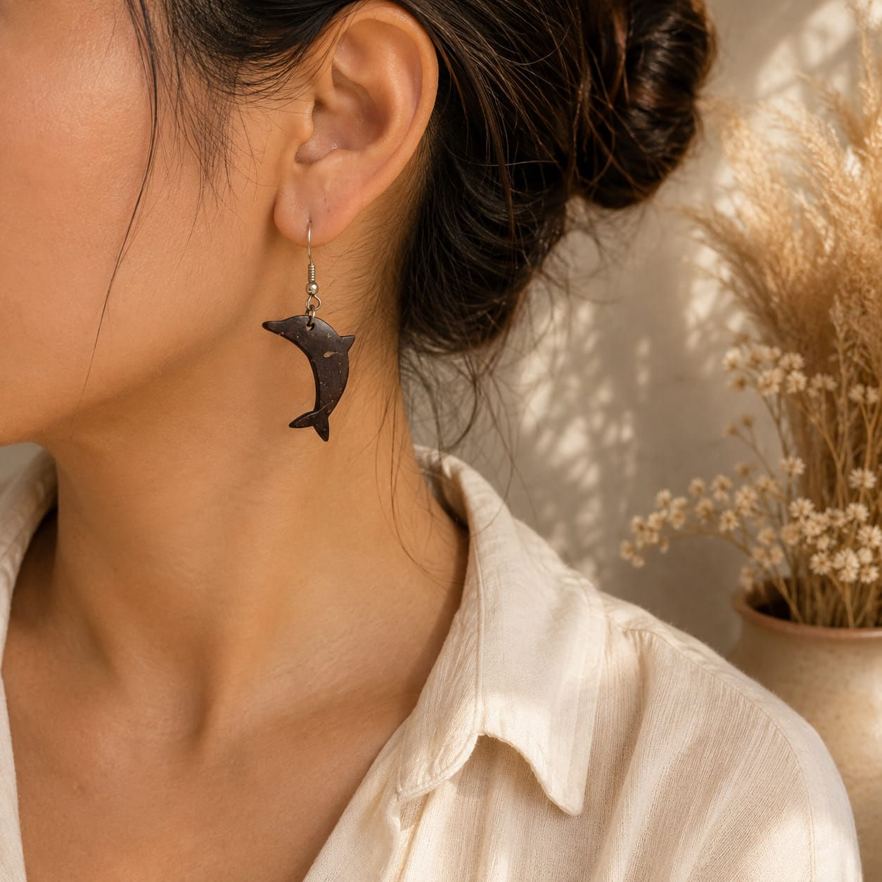 Handmade Coconut Shell Dolphin Earrings