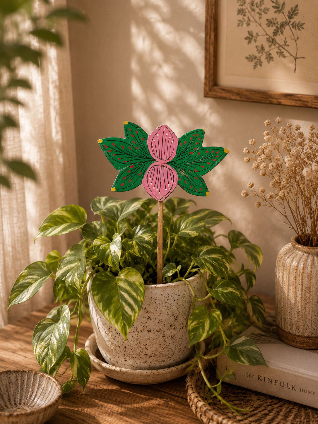 Big Wooden Handcrafted Colourfull Hand Painted Garden Sticks - Lotus