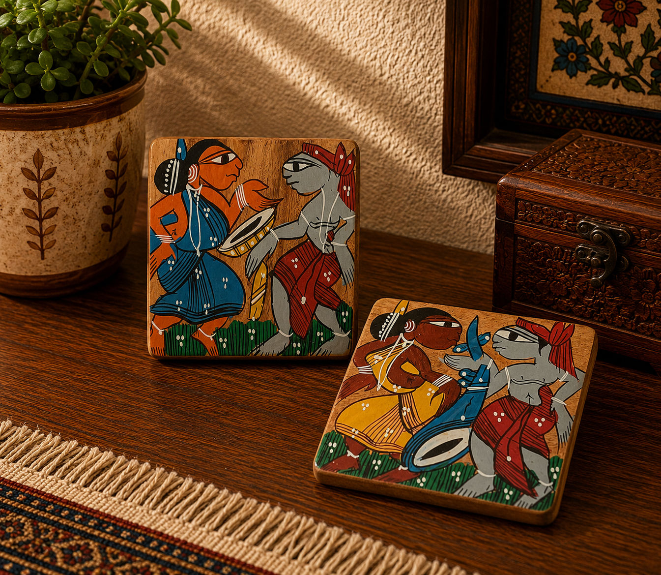 Hand Made Hand Painted Pattachitra Tribal Dance Coaster Set of 2