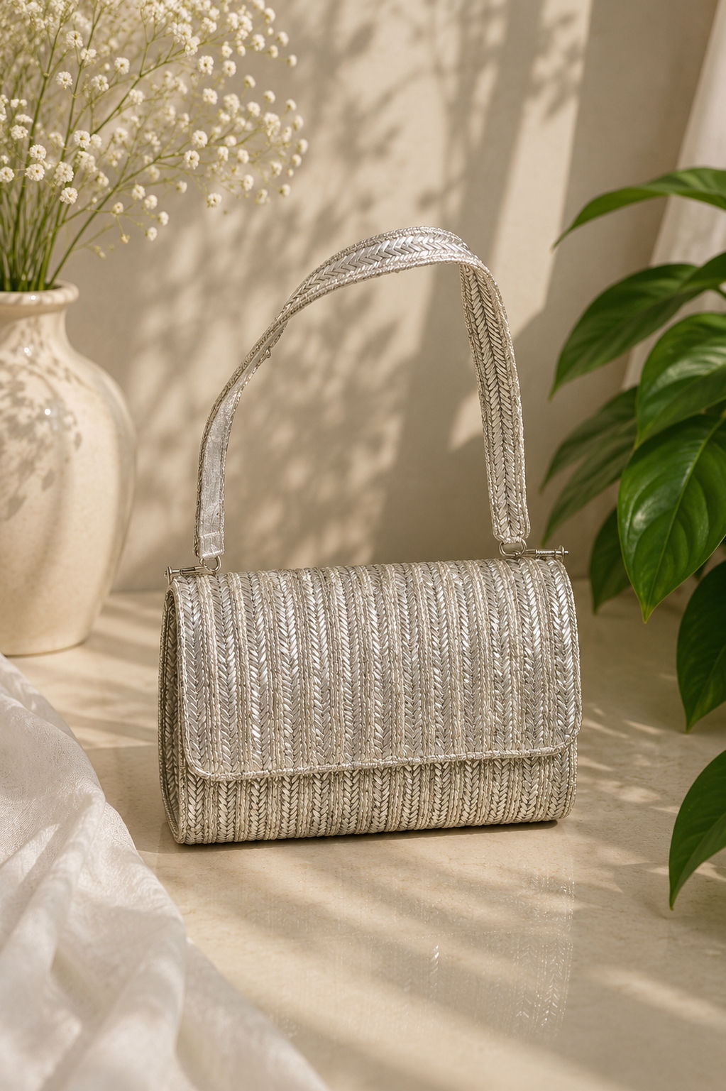 Silver Chevron Beaded Clutch Purse