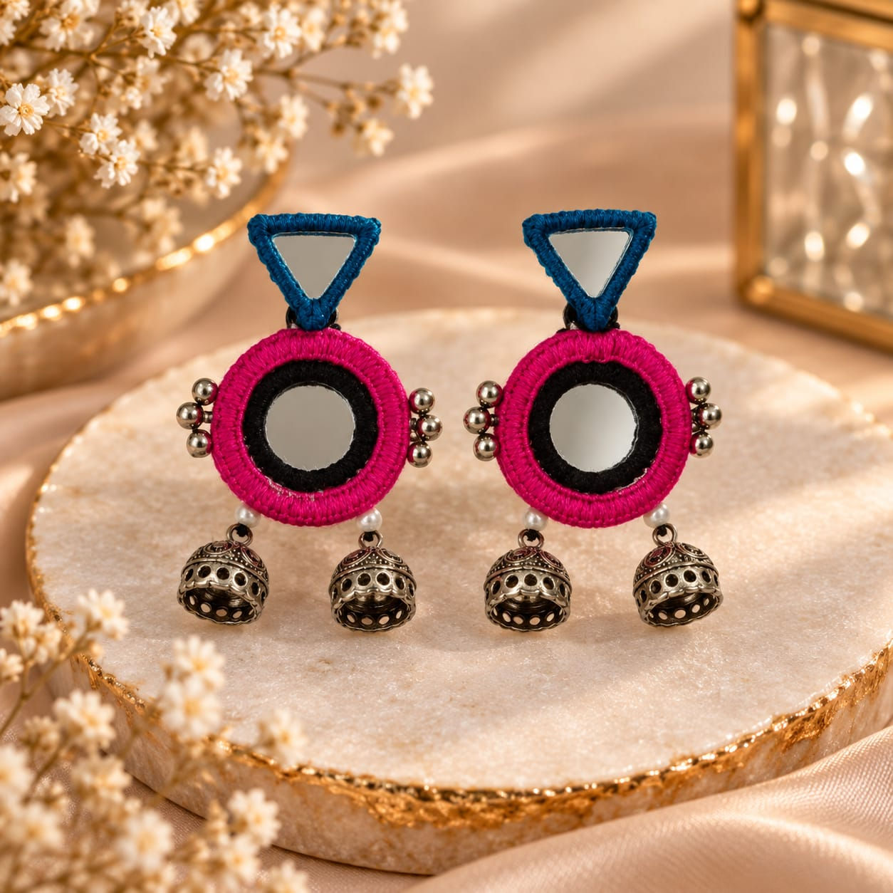 Kutchi Teal & Magenta Mirror Jhumka Earrings