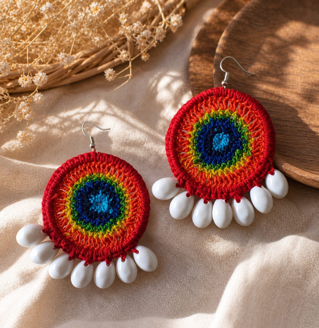 Rainbow Shell Hoop Crochet Earrings