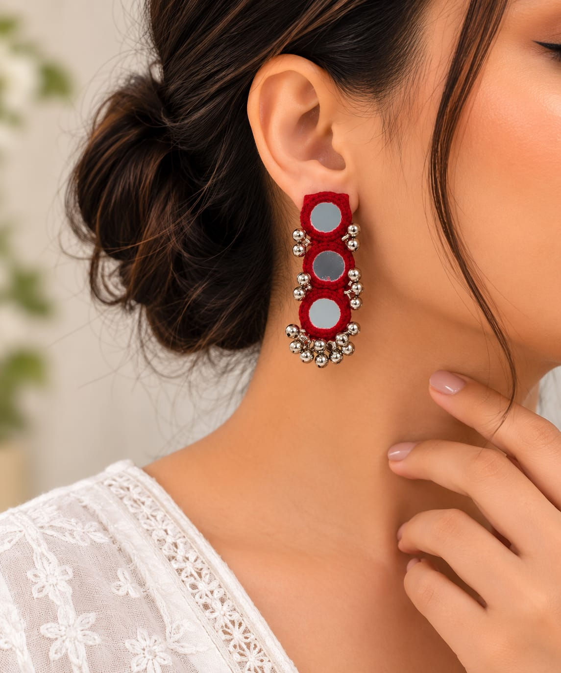 Handcrafted Mirror Accent Drop (Red Colour) Kutchi Earrings