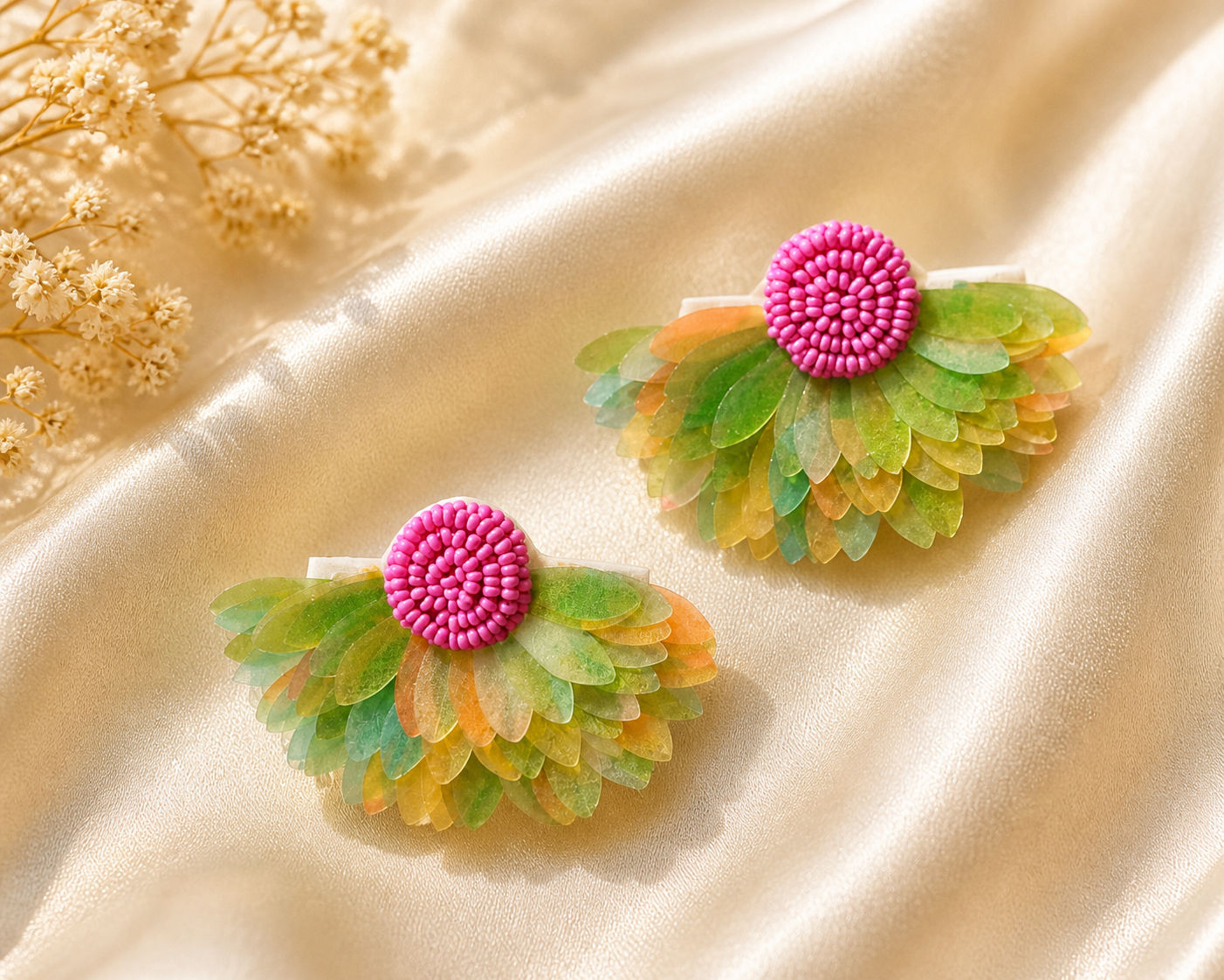 Hand Made Lime Petal Bloom Beaded Earrings