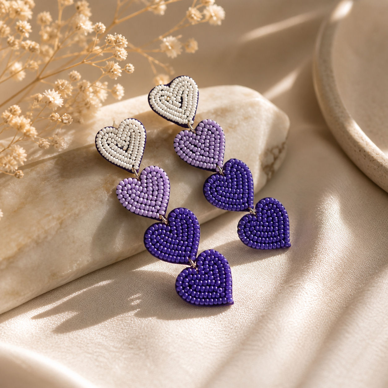 Hand Made Beaded Heart Earrings 