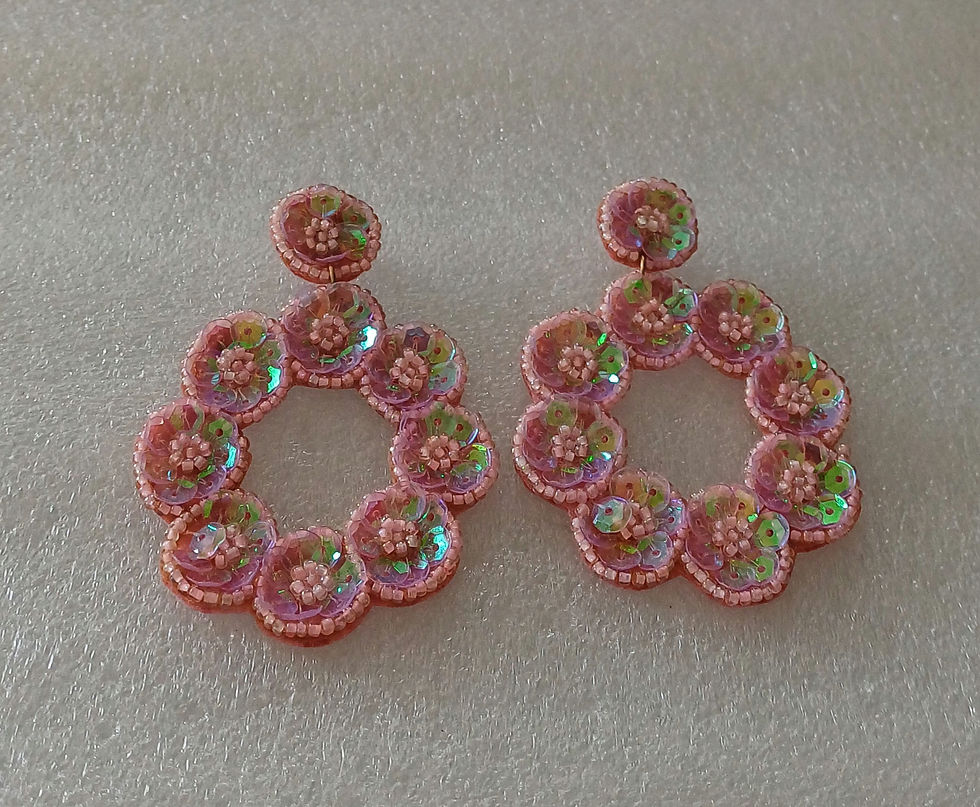 Thumbnail: Hand Made Pink Beaded Sequin Floral Hoop Earrings 