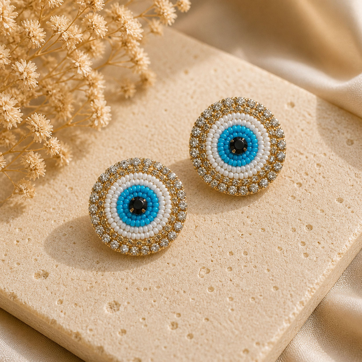 Hand Made Round Beaded Studs Earrings