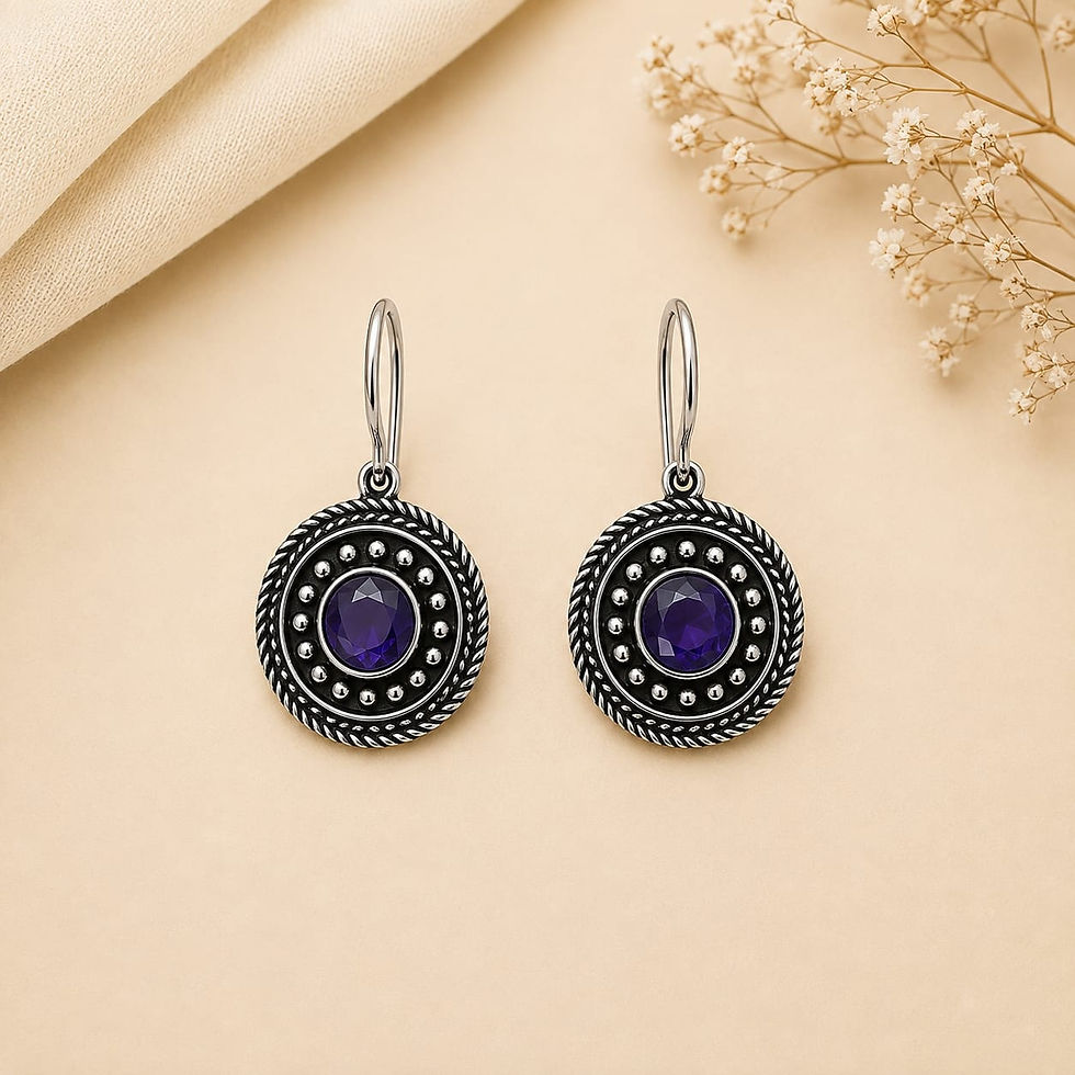 Thumbnail: Purple Stone Round Oxidized Earrings