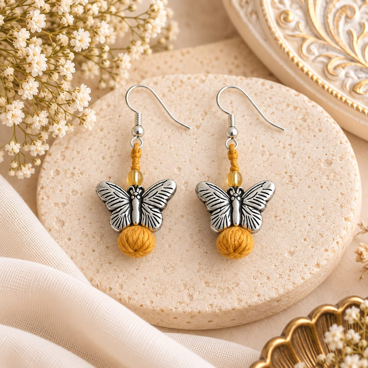 Yellow Golden Butterfly Dangle Earrings