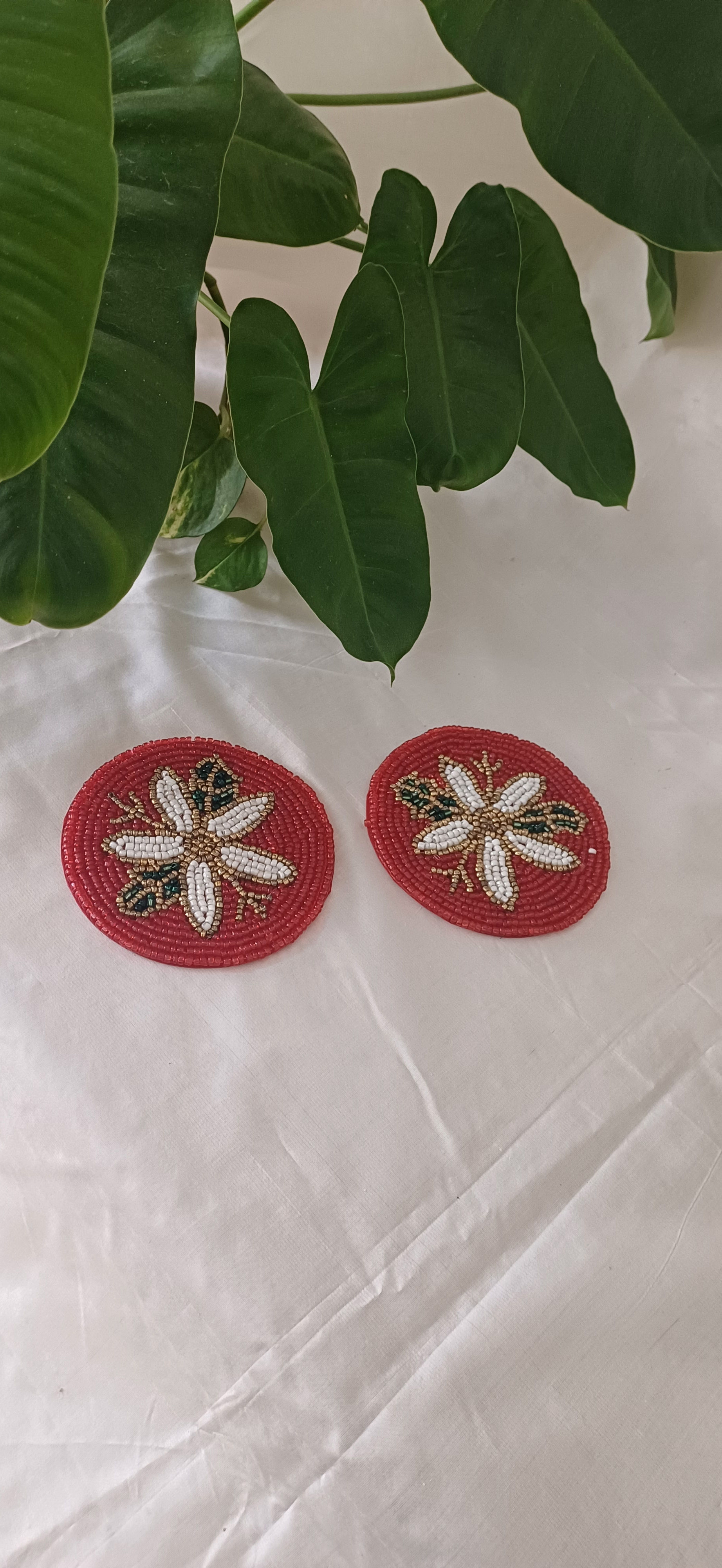 Hand Made Beaded Floral Round Coaster (Pair)