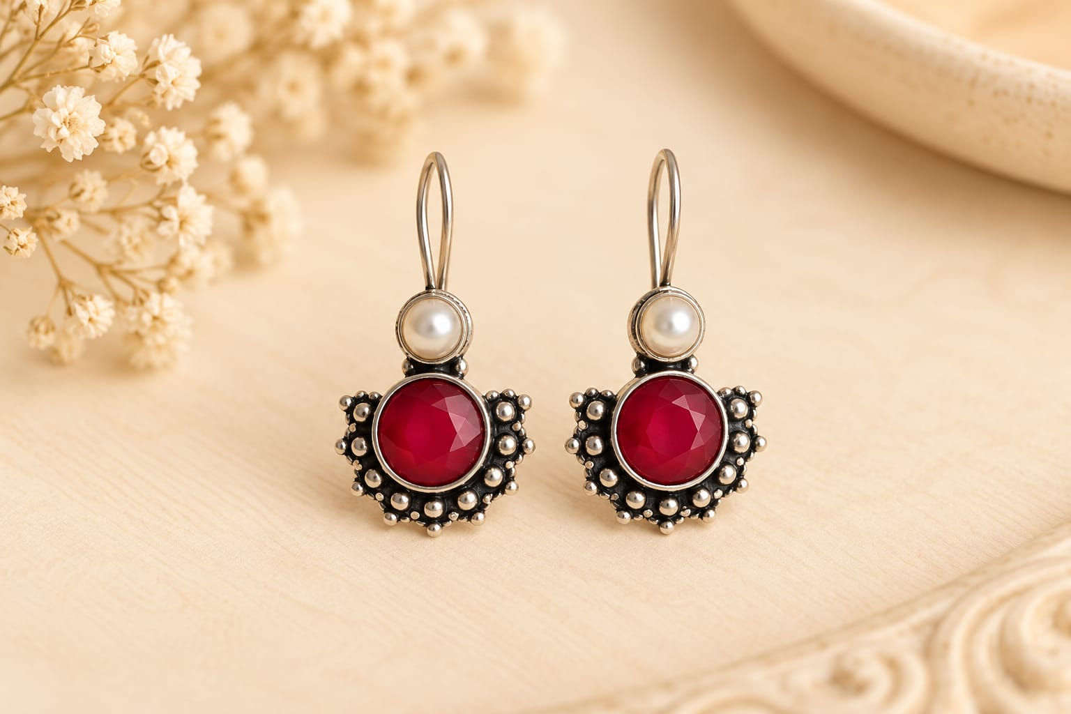 Antique Silver Tone Ruby Pink Stone Drop Earrings