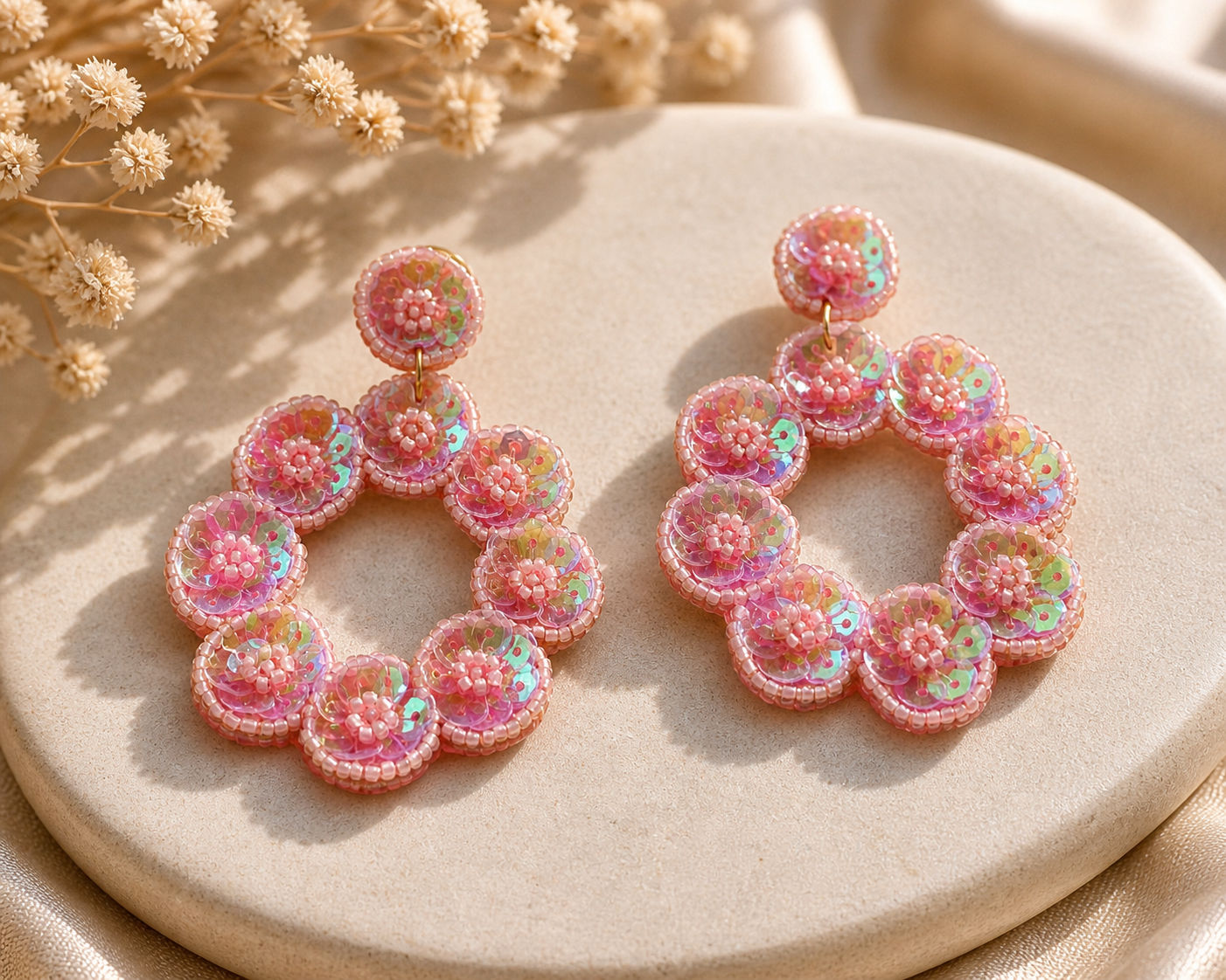Hand Made Pink Beaded Sequin Floral Hoop Earrings 