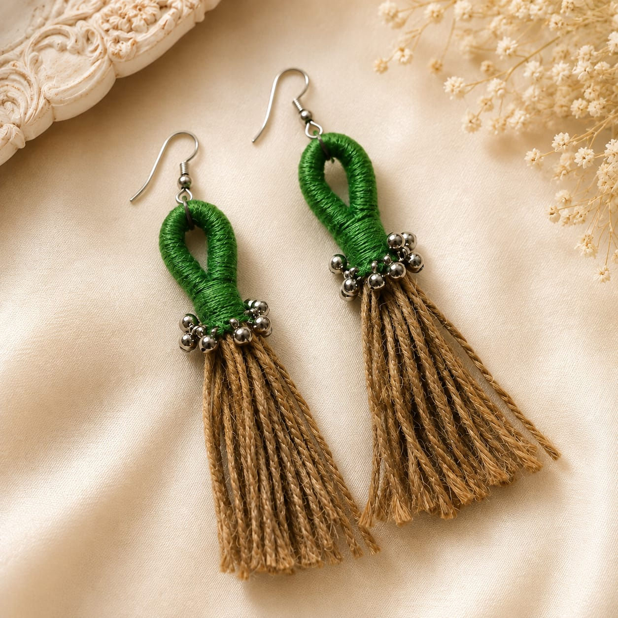 Emerald Jute Tassel Kutchi Earrings