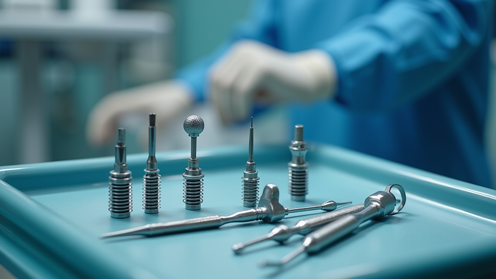 Eye-level view of dental tools and implant components on a tray
