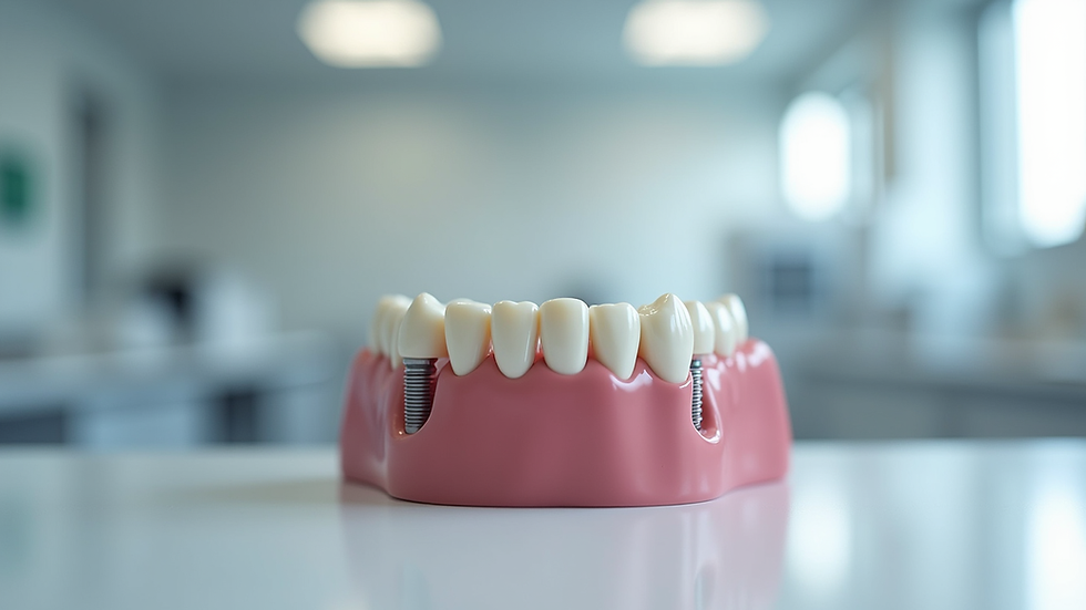 Eye-level view of dental bridge model supported by implants