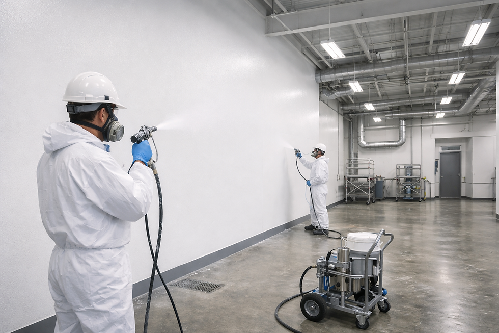 Aplicación de recubrimientos látex acrílico de alto desempeño en instalaciones industriales para máxima higiene, resistencia y acabado uniforme.