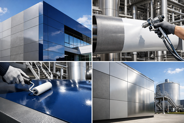 Collage industrial con UltraShield Opticoat SB-9000 UC-X aplicado en superficies metálicas y arquitectónicas.