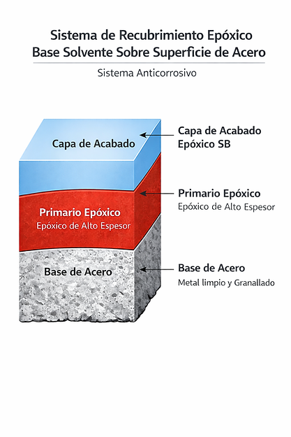 Sistema de recubrimiento epóxico sobre acero: base preparada, primario anticorrosivo de alto espesor y capa de acabado protector.