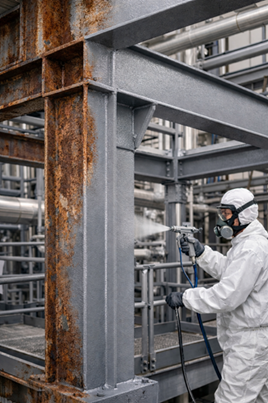 Aplicación de EisenVex en estructura metálica industrial para protección anticorrosiva sobre acero oxidado.