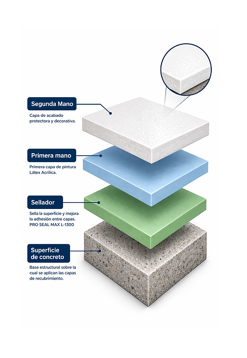 Diagrama de recubrimientos látex acrílico industriales con sellador, doble capa protectora y acabado resistente sobre superficie de concreto.