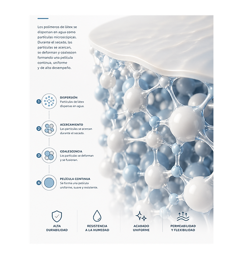 Infografía técnica sobre recubrimiento estireno-acrílico de alto desempeño y formación de película resistente, flexible y durable.