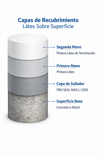 Diagrama de capas de recubrimientos látex industriales con sellador y acabado sobre superficies de concreto o metal.
