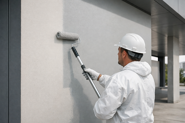 Aplicación de pintura látex de alto desempeño para protección arquitectónica exterior con acabado uniforme y alta durabilidad.