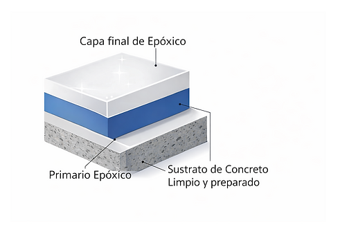 Diagrama de sistema epóxico sobre concreto: sustrato preparado, primario epóxico y capa final protectora brillante.