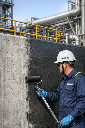 Aplicación de impermeabilizante industrial de alto desempeño sobre concreto para máxima protección química, humedad y durabilidad estructural.