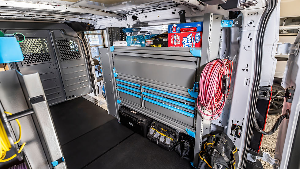 Eye-level view of a well-organized truck interior with Adrian Steel shelving