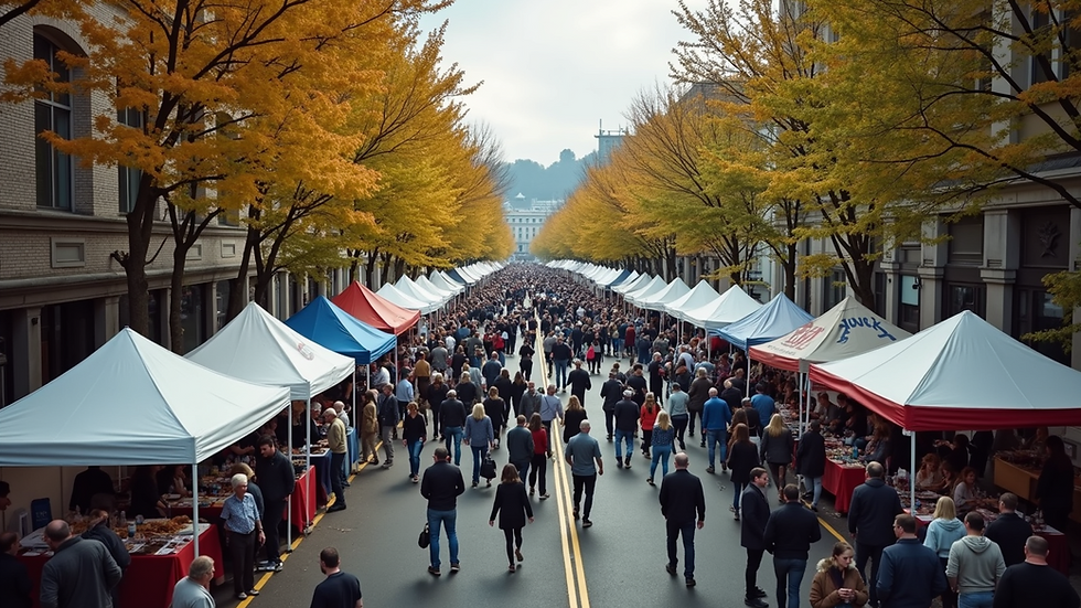 High angle view of a local Portland community event with booths and attendees
