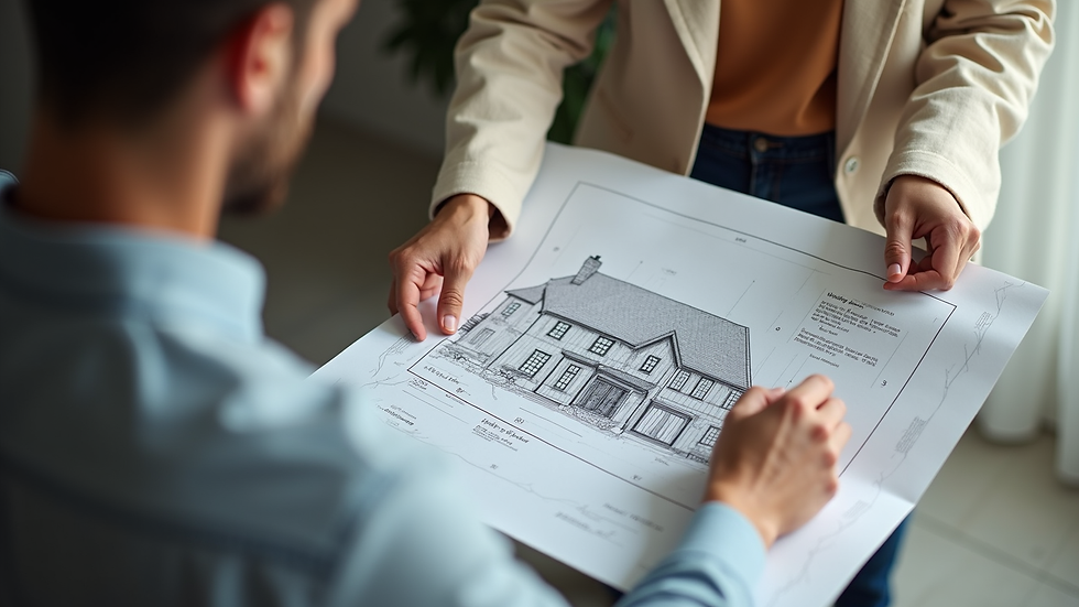 High angle view of a real estate agent showing a house plan to a couple
