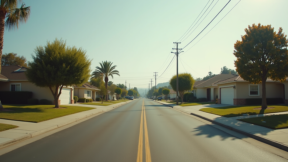 Eye-level view of a suburban neighborhood street in California City with single-family homes