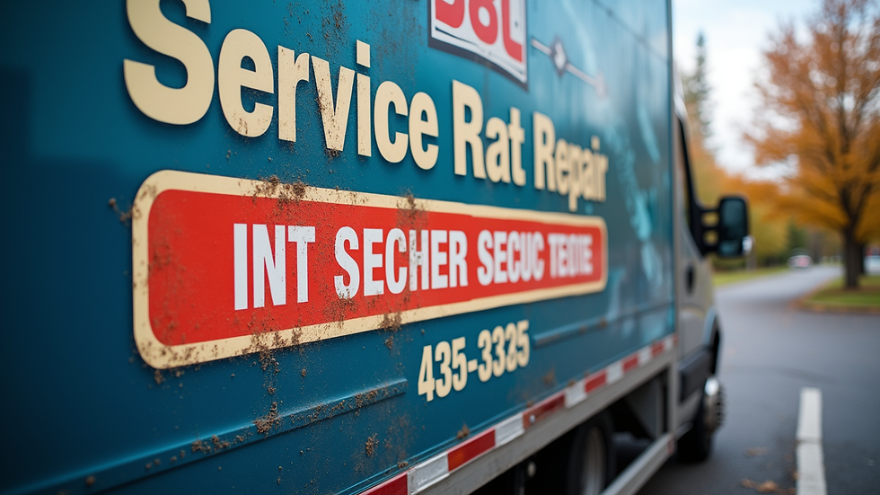 Close-up view of a mobile billboard ad featuring a home repair service with bold text and bright colors