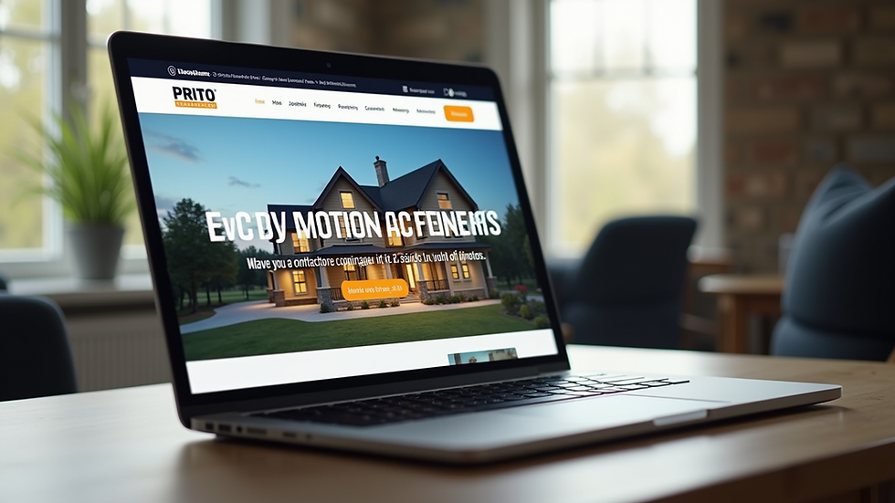 Close-up view of a laptop screen showing a contractor's website with project photos
