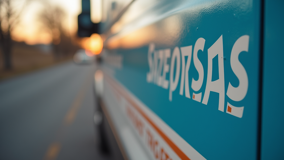 Close-up view of a branded company vehicle with new logo and colors