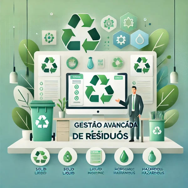 Imagem de capa para o curso online 'Gestão Avançada de Resíduos'. A imagem apresenta um design moderno com símbolos de reciclagem, folhas verdes e ícones representando diferentes tipos de resíduos (sólidos, líquidos, orgânicos, inorgânicos, perigosos e não perigosos). O fundo é um gradiente suave de verde e azul, evocando a natureza e sustentabilidade. Inclui uma pessoa profissional e acolhedora, possivelmente um instrutor, em um ambiente de escritório limpo com lixeiras de reciclagem e elementos ecológicos ao redor. O título 'Gestão Avançada de Resíduos' está destacado em uma fonte moderna e legível.