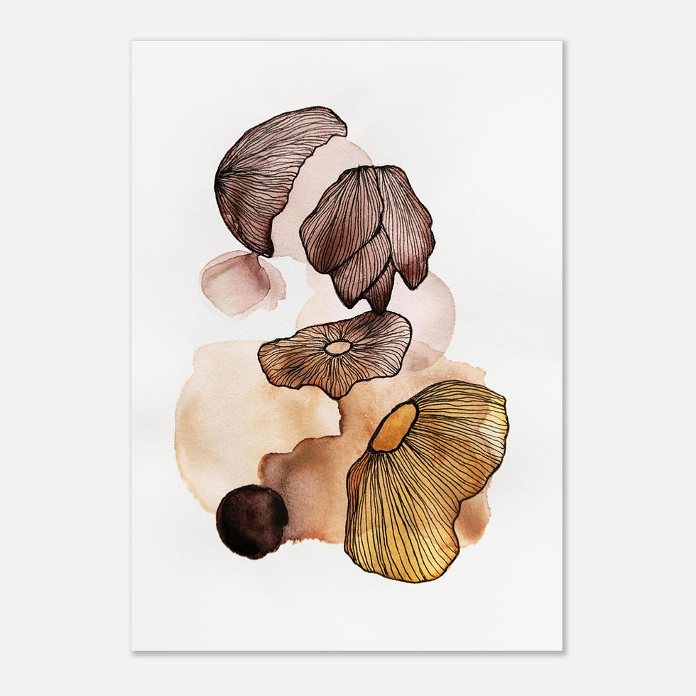 A delicate watercolor illustration featuring abstract mushroom-like forms. The shapes are softly outlined in fine ink, with g