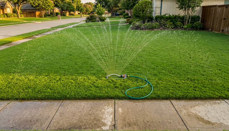 Overhead view of a sprinkler watering Bermuda grass near a sidewalk.
