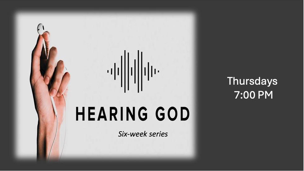 A flyer announcing a six-week class. The left side features a black-and-white photo of a hand holding a single earbud cord next to a vertical digital audio waveform, with the title "HEARING GOD" and subtitle "Six-week series" printed below. The right side has a dark gray background with text reading "Starting Oct 1st", "Thursdays 7:00 PM", and fine print at the bottom noting "Binders $20" and "Sign up & Pay by Sunday Sept 27th."