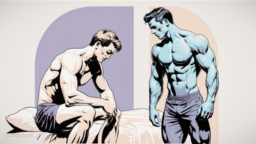 Zwei Männer stehen sich gegenüber: Einer scheint geknickt und verunsicher, der andere stellt das ideale Männerbild der Gesellschaft dar.