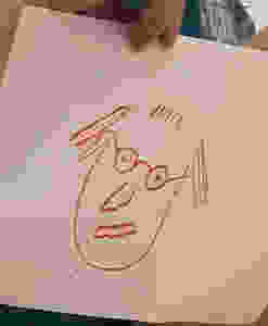 Caricature of Kit Irwin drawn by someone with Alzheimers