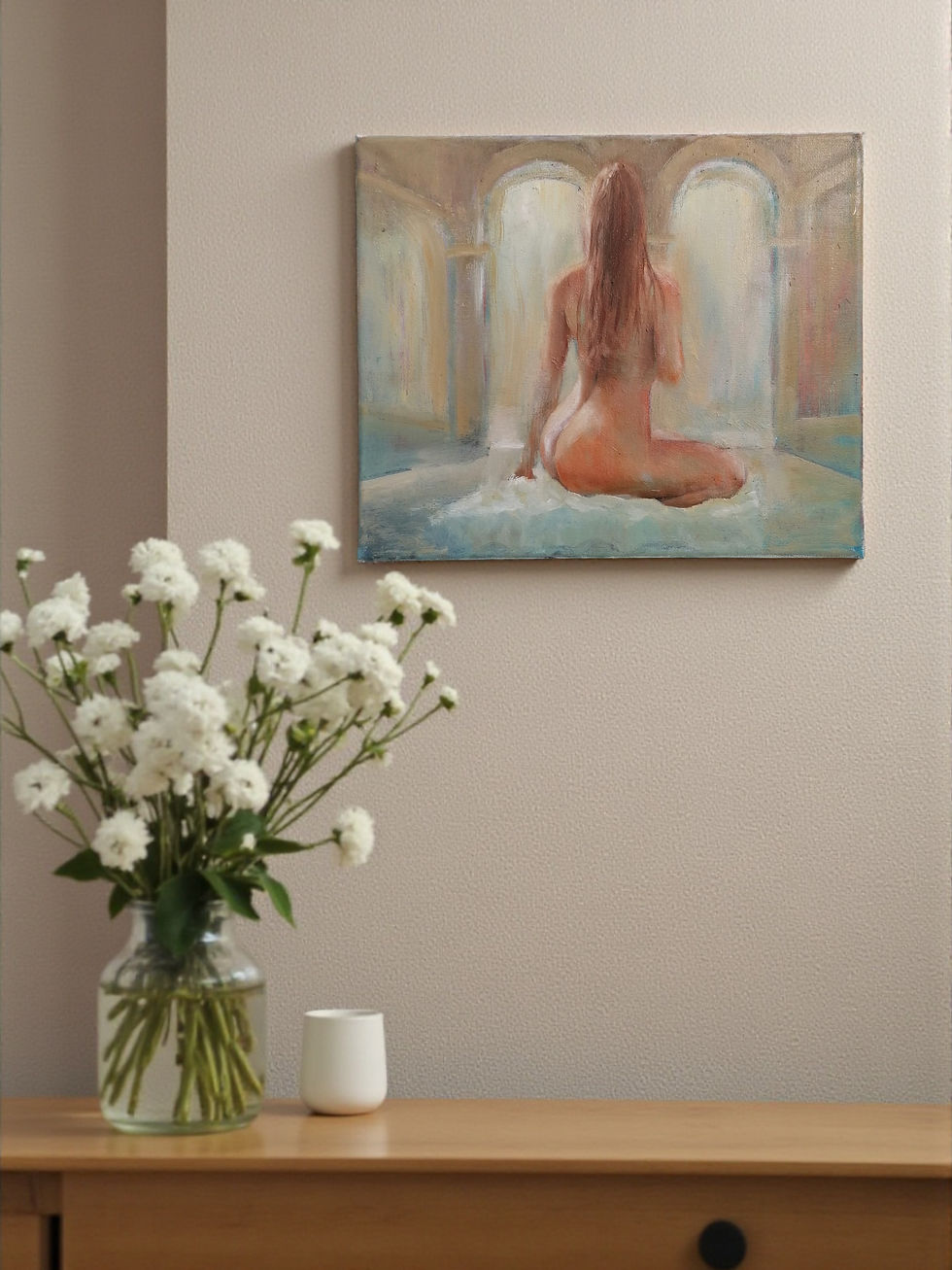 nude woman gracefully seated by a tranquil pool, oil painting on canvas