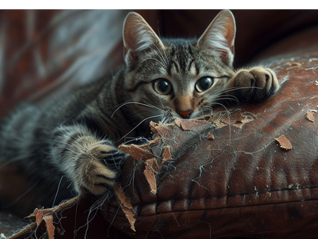 Katze kratzt am Sofa und beschädigt Polster – typisches Kratzverhalten bei Katzen
