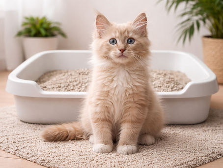 Katze sitzt vor sauberer Katzentoilette mit Katzenstreu – richtige Hygiene und Wahl des Katzenstreus im Alltag